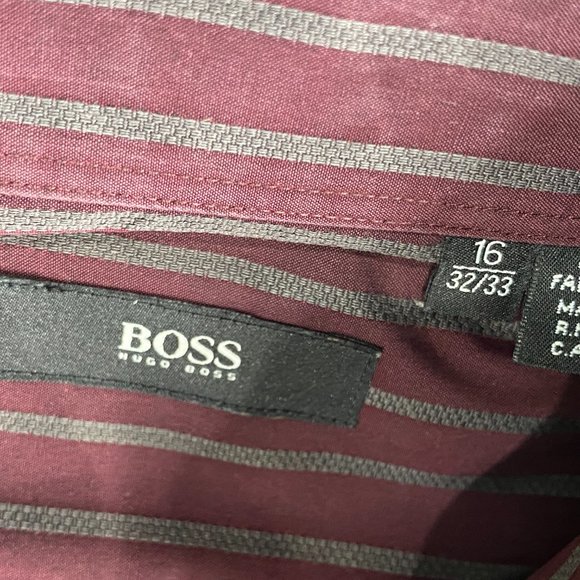 HUGO BOSS Men's Burgandy /Gray Stripe Long Sleeve Button Shirt 16 32/33 - Picture 6 of 10